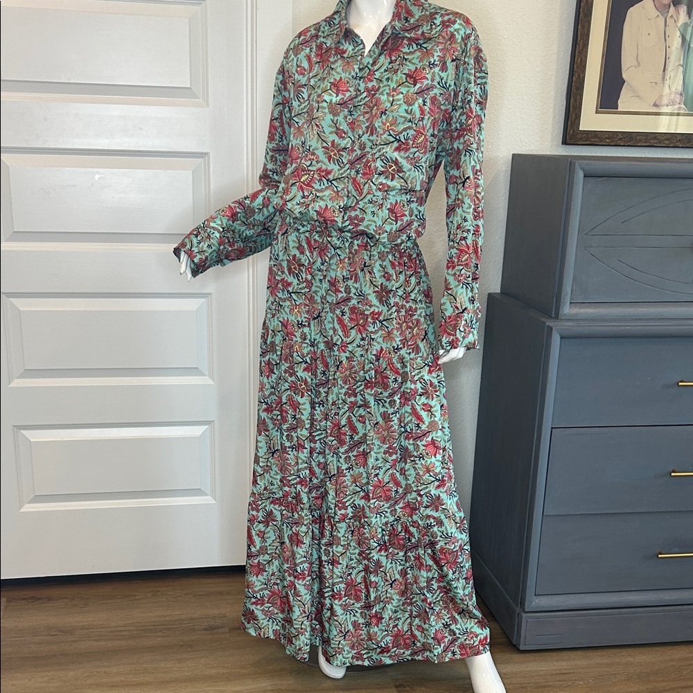 RAGA Mint and Red Floral Button-Front two piece Maxi Dress